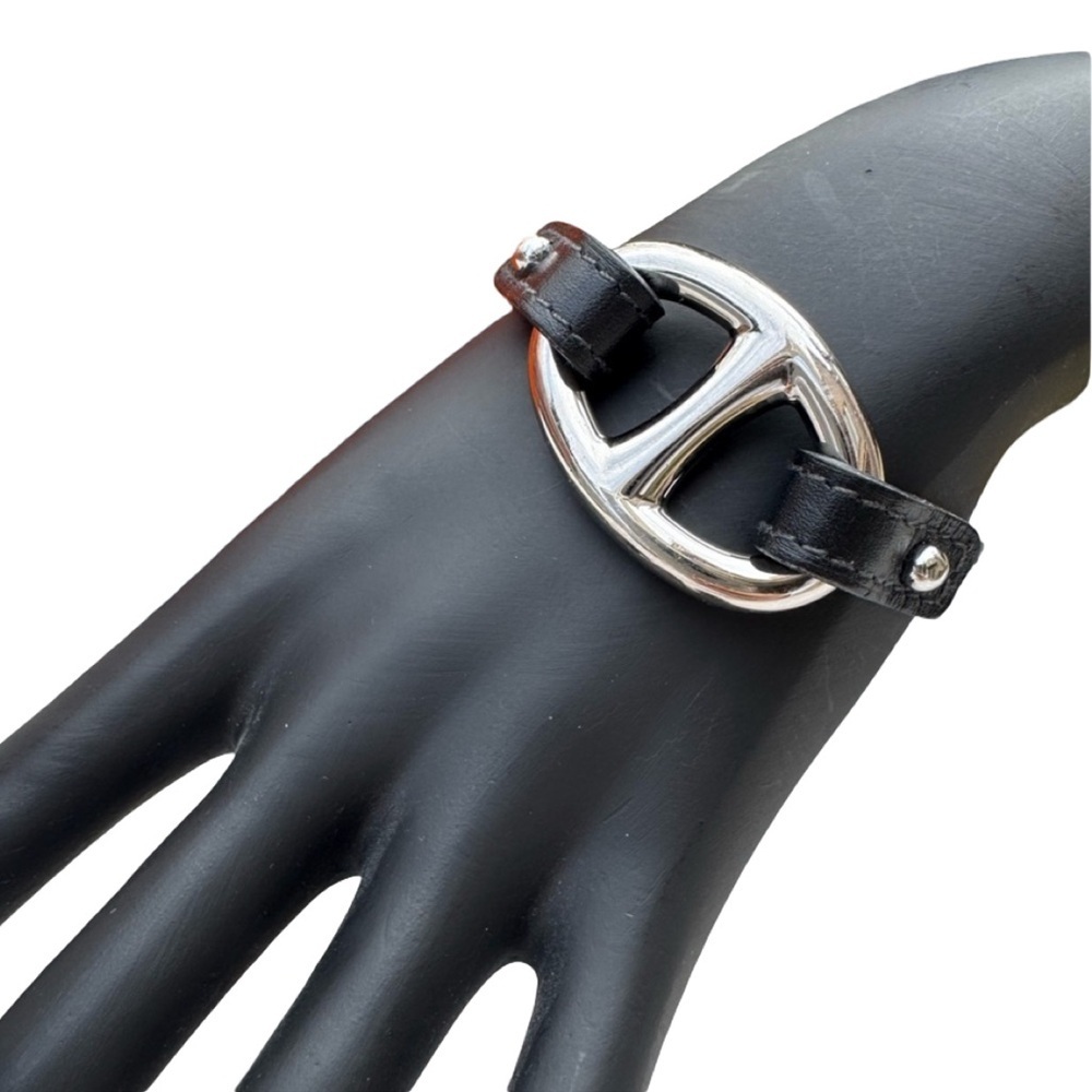 Hermès Granville Bracelet Silver H Logo Black Leather Scarf Ring Bracelet